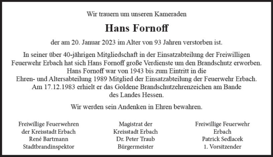 Traueranzeige von Hans Fornoff von Odenwälder Echo