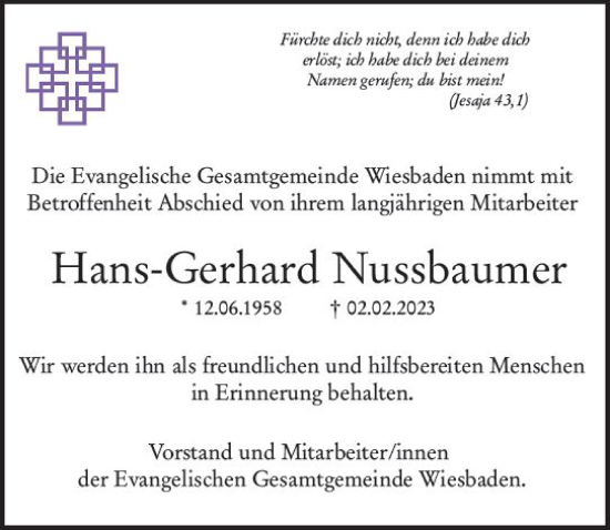 Traueranzeige von Hans-Gerhard Nussbaumer von Wiesbadener Kurier gesamt