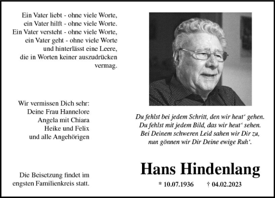 Traueranzeige von Hans Hindenlang von Wormser Zeitung