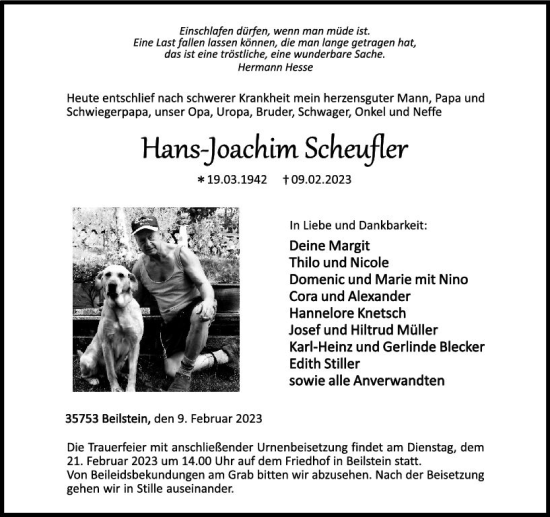 Traueranzeige von Hans-Joachim Scheufler von Dill Block