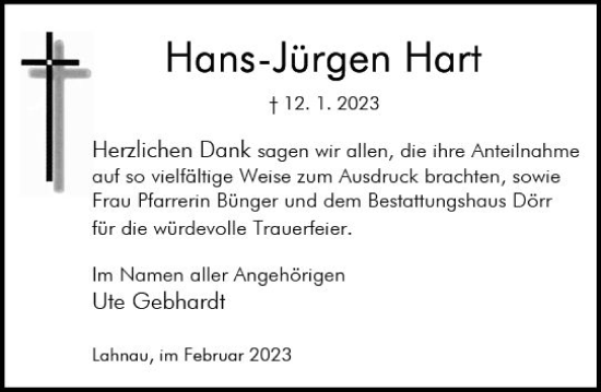 Traueranzeige von Hans-Jürgen Hart von Wetzlarer Neue Zeitung