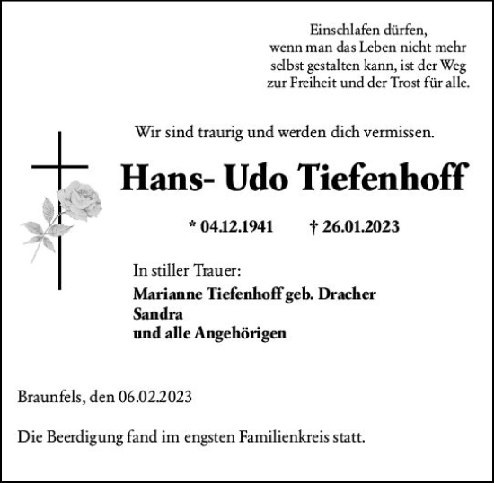 Traueranzeige von Hans-Udo Tiefenhoff von Wetzlarer Neue Zeitung
