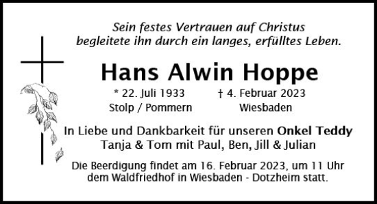 Traueranzeige von Hans Alwin Hoppe von Wiesbadener Kurier gesamt