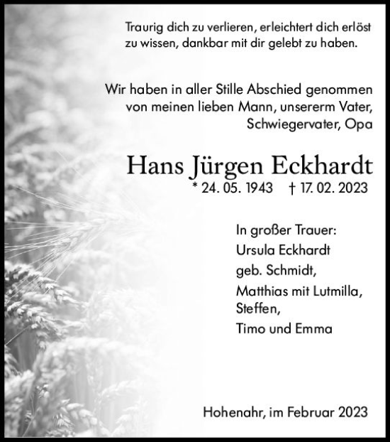 Traueranzeige von Hans Jürgen Eckhardt von Wetzlarer Neue Zeitung