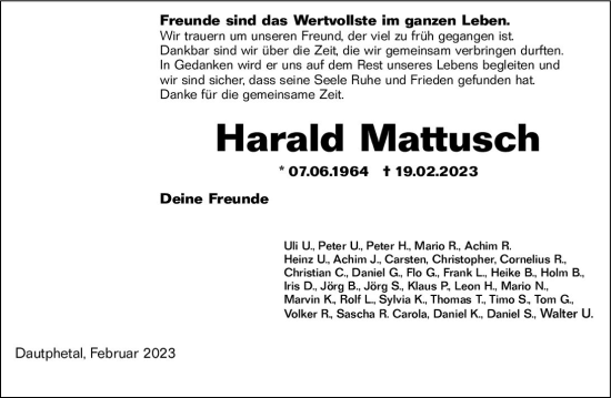 Traueranzeige von Harald Mattusch von Hinterländer Anzeiger