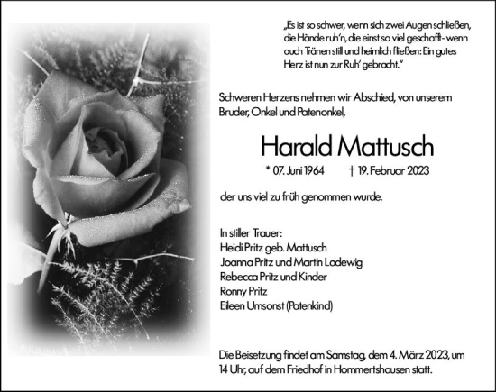 Traueranzeige von Harald Mattusch von Hinterländer Anzeiger