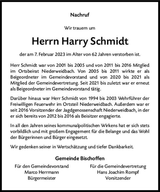 Traueranzeige von Harry Schmidt von Dill Block