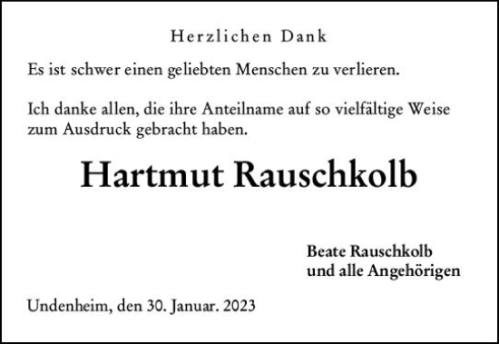 Traueranzeige von Hartmut Rauschkolb von Allgemeine Zeitung Alzey
