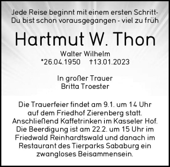 Traueranzeige von Hartmut W. Thon von Wiesbadener Kurier gesamt