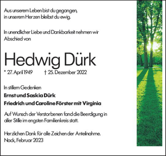 Traueranzeige von Hedwig Dürk von Allgemeine Zeitung Alzey