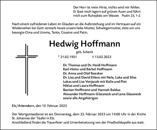 Traueranzeige von Hedwig Hoffmann von Nassauische Neue Presse