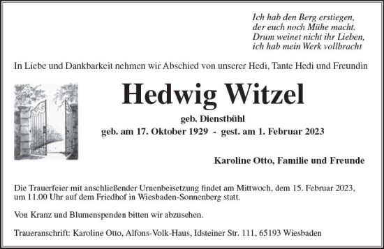 Traueranzeige von Hedwig Witzel von Wiesbadener Kurier gesamt