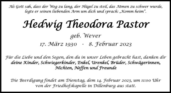 Traueranzeige von Hedwig Theodora Pastor von Dill Block