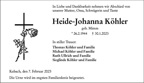 Traueranzeige von Heide-Johanna Köhler von Weilburger Tageblatt