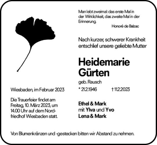 Traueranzeige von Heidemarie Gürten von Wiesbadener Kurier