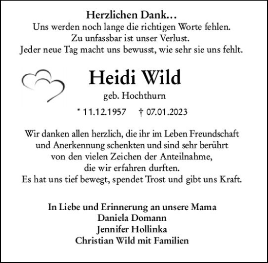 Traueranzeige von Heidi Wild von Bingen/Ingelheim WOBL inkl. Neue Binger Ztg.