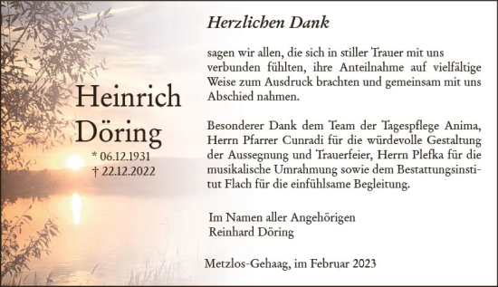 Traueranzeige von Heinrich Döring von Oberhessen Kurier