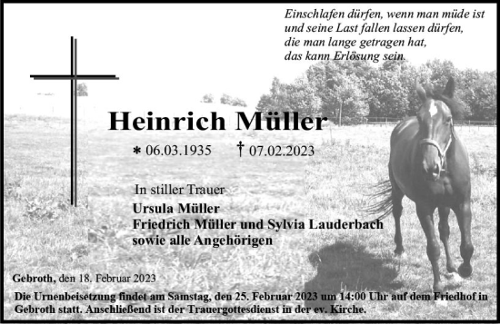 Traueranzeige von Heinrich Müller von Allgemeine Zeitung Bad Kreuznach