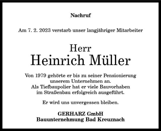 Traueranzeige von Heinrich Müller von Allgemeine Zeitung Bad Kreuznach