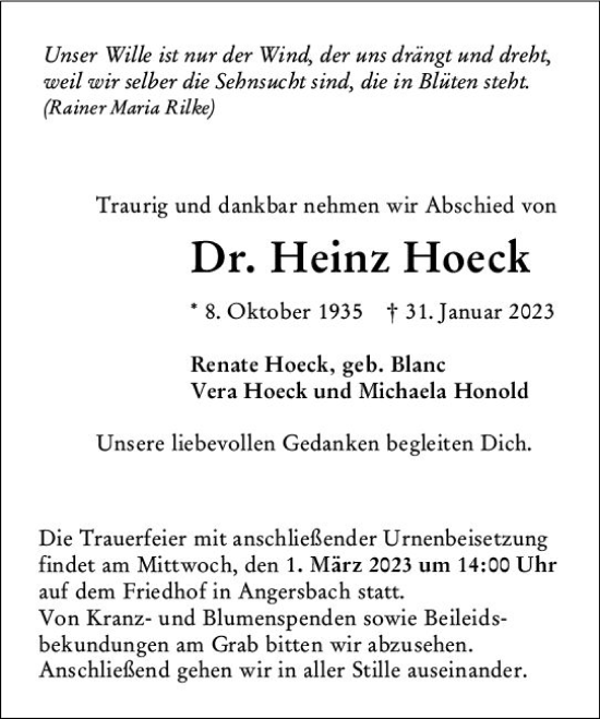 Traueranzeige von Heinz Hoeck von VRM Trauer