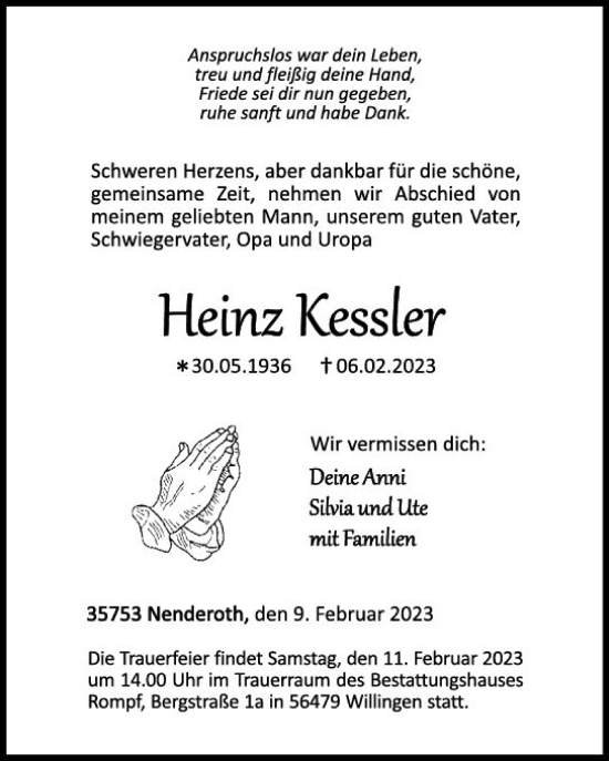 Traueranzeige von Heinz Kessler von Dill Block