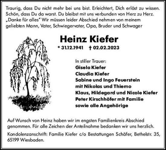 Traueranzeige von Heinz Kiefer von Wiesbadener Kurier