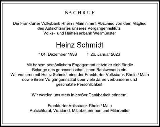Traueranzeige von Heinz Schmidt von Weilburger Tageblatt