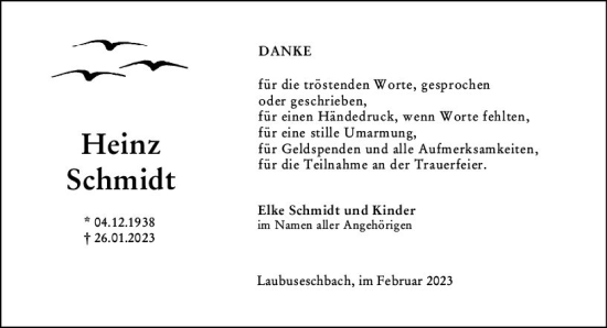 Traueranzeige von Heinz Schmidt von Weilburger Tageblatt