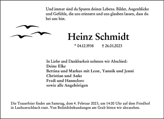 Traueranzeige von Heinz Schmidt von Weilburger Tageblatt
