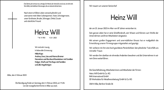 Traueranzeige von Heinz Will von Dill Block