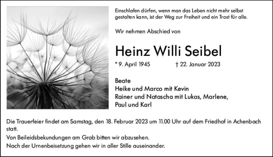 Traueranzeige von Heinz Willi Seibel von Hinterländer Anzeiger