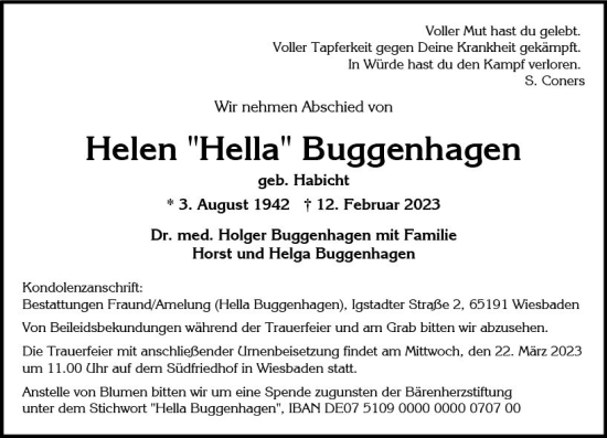 Traueranzeige von Helen Buggenhagen von Wiesbadener Kurier