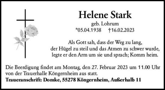 Traueranzeige von Helene Stark von Allgemeine Zeitung Mainz