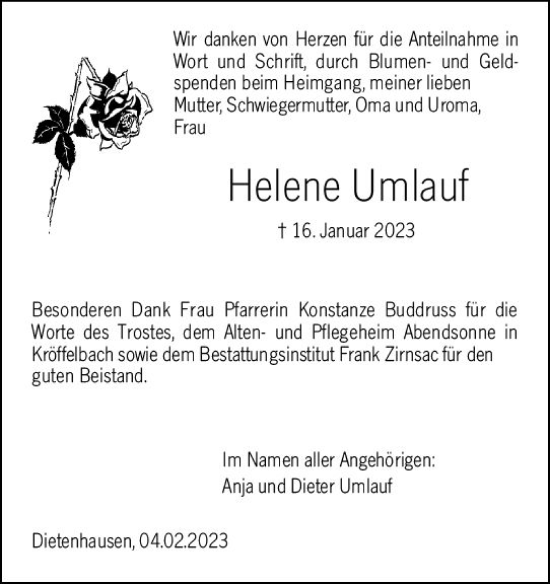 Traueranzeige von Helene Umlauf von Weilburger Tageblatt