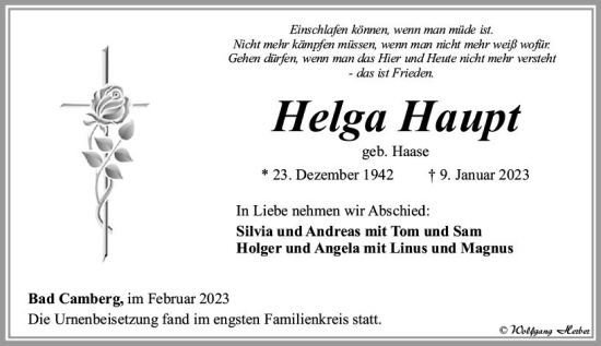 Traueranzeige von Helga Haupt von Camberger Anzeiger