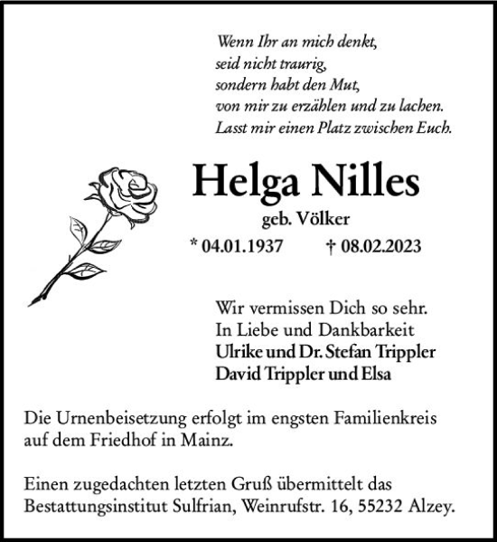Traueranzeige von Helga Nilles von Allgemeine Zeitung Alzey