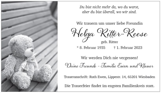 Traueranzeige von Helga Ritter-Reese von Wiesbadener Kurier gesamt