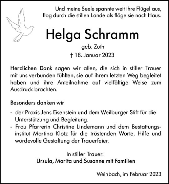 Traueranzeige von Helga Schramm von Weilburger Tageblatt
