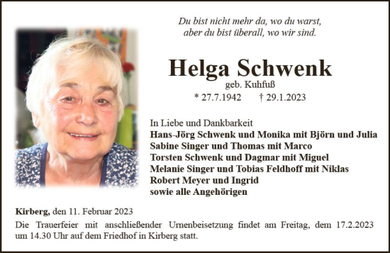 Traueranzeige von Helga Schwenk von Nassauische Neue Presse