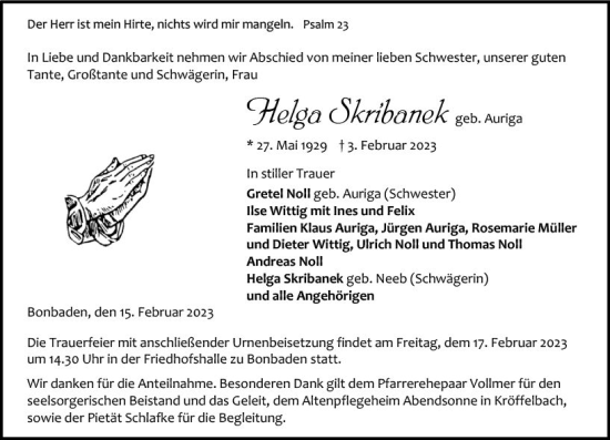 Traueranzeige von Helga Skribanek von Wetzlarer Neue Zeitung