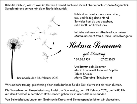Traueranzeige von Helma Sommer von Weilburger Tageblatt