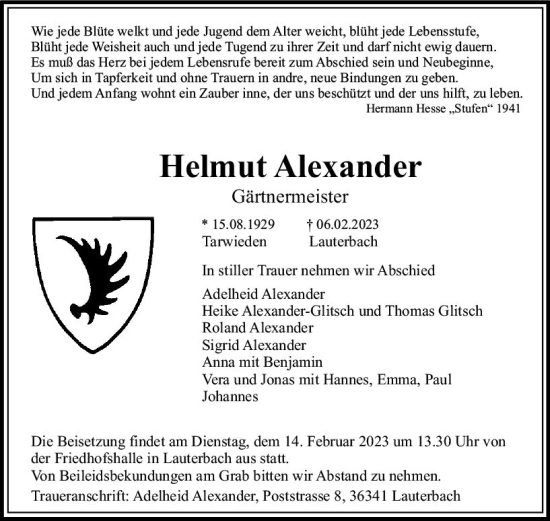Traueranzeige von Helmut Alexander von VRM Trauer