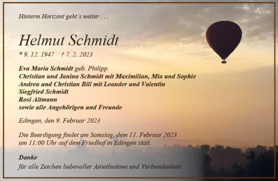 Traueranzeige von Helmut Schmidt von Dill Block