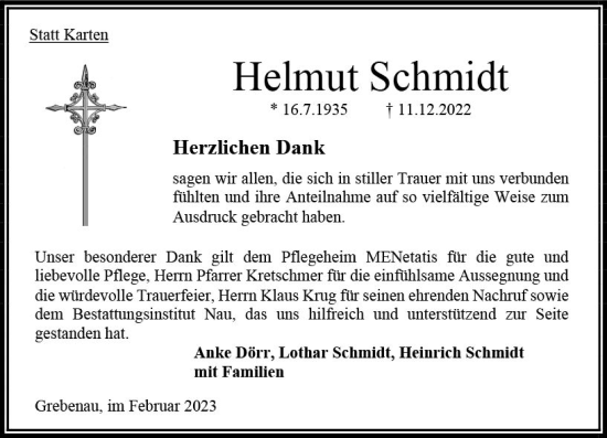 Traueranzeige von Helmut Schmidt von OK Oberhessen Kurier