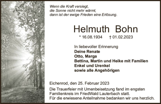 Traueranzeige von Helmuth Bohn von VRM Trauer