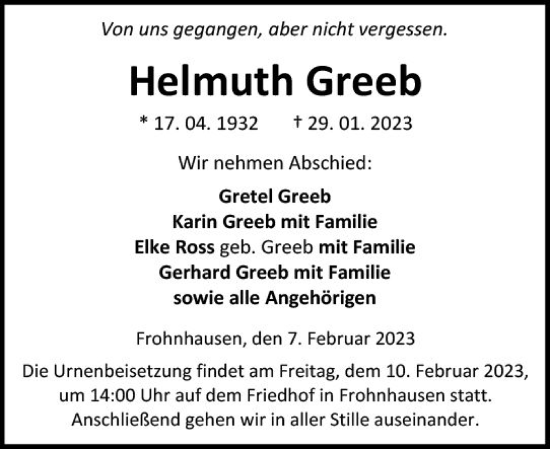 Traueranzeige von Helmuth Greeb von Dill Block