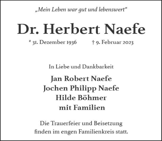 Traueranzeige von Herbert Naefe von Wiesbadener Kurier