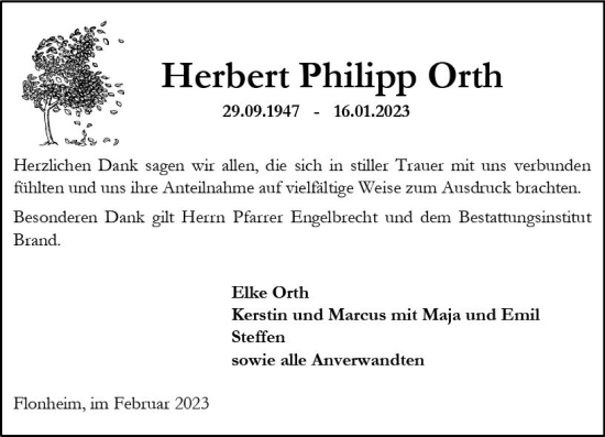 Traueranzeige von Herbert Philipp Orth von Allgemeine Zeitung Alzey