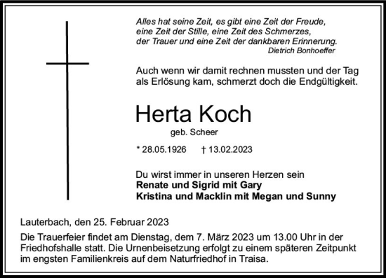 Traueranzeige von Herta Koch von VRM Trauer