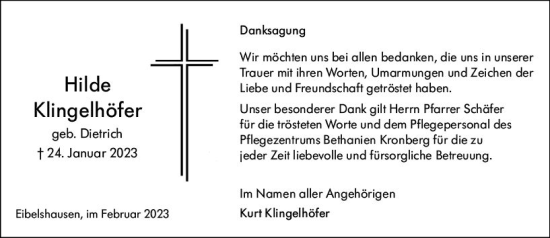 Traueranzeige von Hilde Klingelhöfer von Dill Block